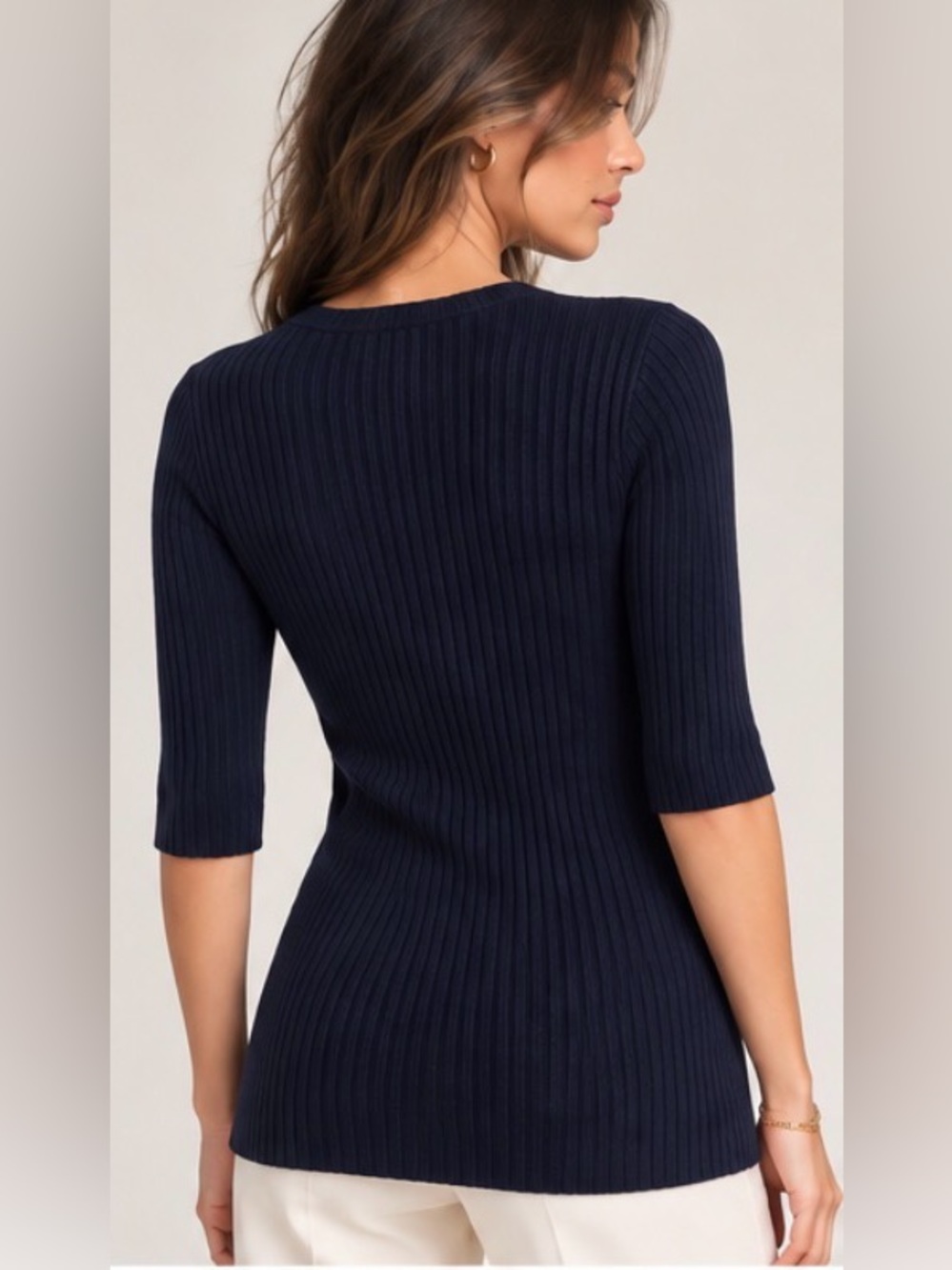 Vince Navy Ribbed Cashmere Blend Knit Top 3/4 Sleeve Size S - Picture 2 of 7